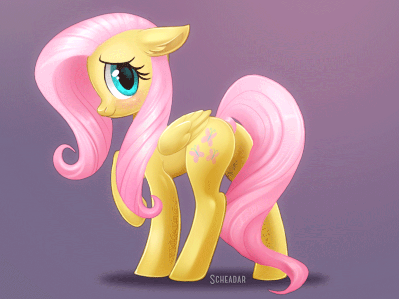 Size: 800x600 | Tagged: safe, artist:scheadar, character:fluttershy, species:pegasus, species:pony, adorable face, adorkable, animated, blinking, blushing, butt shake, cute, dork, eye shimmer, female, floppy ears, flutterbutt, folded wings, gif, gradient background, looking at you, looking back, looking back at you, mare, plot, raised hoof, shy, shyabetes, solo, wiggle