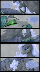Size: 1240x2191 | Tagged: safe, artist:begasus, character:nightmare moon, character:princess luna, character:queen chrysalis, species:alicorn, species:changeling, species:pony, ship:chrysmoon, bed, changeling queen, colored hooves, comic, dialogue, ethereal mane, female, galaxy mane, lesbian, mare, realistic horse legs, shipping, smiling, waking up, wing claws