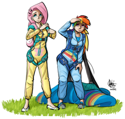 Size: 750x717 | Tagged: safe, artist:theartrix, character:fluttershy, character:rainbow dash, species:human, clothing, commission, duo, humanized, jumpsuit, parachute, simple background, skydiving, transparent background