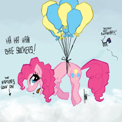 Size: 700x700 | Tagged: safe, artist:theartrix, character:pinkie pie, character:twilight sparkle, species:earth pony, species:pony, ant, balloon, cloud, cloudy, female, floating, mare, open mouth, rapture, sky, smiling, species swap, then watch her balloons lift her up to the sky, tongue out, wat, wtf