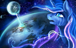 Size: 1665x1059 | Tagged: safe, artist:elkaart, character:princess luna, species:pony, banishment, crying, earth, female, mare in the moon, moon, saturn, solo, space, stars