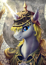 Size: 1024x1448 | Tagged: safe, artist:begasus, oc, oc only, species:alicorn, species:pony, alicorn oc, blue eyes, clothing, commission, female, glowing horn, helmet, looking at you, magic, mare, pickelhaube, smiling, uniform