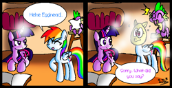 Size: 752x384 | Tagged: safe, artist:neoncabaret, character:rainbow dash, character:spike, character:twilight sparkle, comic, egghead, pun