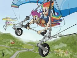 Size: 1000x750 | Tagged: safe, artist:theartrix, character:fluttershy, character:rainbow dash, character:scootaloo, species:human, species:pegasus, species:pony, female, flight, flying, growing up, hang gliding, humanized, rite of passage, vertigo