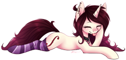 Size: 1245x599 | Tagged: safe, artist:doekitty, oc, oc only, oc:hazel, species:pony, species:unicorn, clothing, cute, ear piercing, eyes closed, female, mare, ocbetes, piercing, simple background, smiling, socks, solo, stockings, striped socks, thigh highs, tongue out, transparent background
