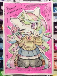 Size: 1536x2048 | Tagged: safe, artist:mosamosa_n, character:princess celestia, species:anthro, butt wings, food, hairclip, pink background, simple background, starbucks, unicorn frappuccino