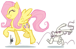 Size: 650x421 | Tagged: safe, artist:theartrix, character:angel bunny, character:fluttershy, species:pegasus, species:pony, cigarette, female, happy, mare, stubble, trotting, walking