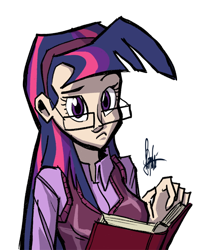 Size: 500x603 | Tagged: safe, artist:theartrix, character:twilight sparkle, species:human, concept art, female, glasses, humanized, life in ponyville, ponyville documentary, simple background, solo, transparent background