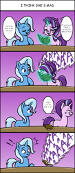 Size: 650x1485 | Tagged: safe, artist:acesrockz, character:starlight glimmer, character:trixie, species:pony, species:unicorn, aaaaaaaaaa, anger magic, blatant lies, book, comic, cross-popping veins, denial, dialogue, exclamation point, eyes closed, female, levitation, magic, mare, open mouth, speech bubble, telekinesis, yelling