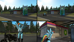 Size: 3861x2187 | Tagged: safe, artist:scalelover, character:rainbow dash, species:anthro, comic:bursting rainbow, big breasts, breasts, british petroleum, clothing, female, gas station, huge breasts, motorcycle, need to pee, omorashi, potty dance, potty emergency, potty time, shorts, solo, trotting in place