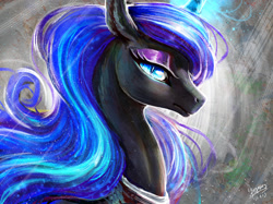 Size: 1890x1417 | Tagged: safe, artist:begasus, character:nightmare moon, character:princess luna, species:alicorn, species:pony, beautiful, eyeshadow, female, glowing horn, lidded eyes, looking at you, makeup, mare, missing accessory, signature, solo
