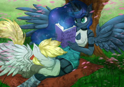 Size: 1100x770 | Tagged: safe, artist:kairaanix, character:derpy hooves, character:princess luna, species:alicorn, species:anthro, species:pegasus, species:pony, book, breasts, busty princess luna, cleavage, clothing, commission, duo, female, flower petals, implied derpyluna, implied lesbian, mare, nap, reading, relaxing, sleeping, smiling, tree, under the tree