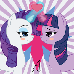 Size: 1200x1200 | Tagged: safe, artist:acesrockz, character:rarity, character:twilight sparkle, species:pony, ship:rarilight, blush sticker, blushing, eye contact, female, heart, lesbian, lidded eyes, looking at each other, magic, shipping, smiling