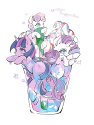 Size: 1500x1999 | Tagged: safe, artist:wan, character:rarity, character:sweetie belle, character:twilight sparkle, species:pony, species:unicorn, cup, cup of pony, micro, simple background, starbucks, tongue out, trio, unicorn frappuccino, white background
