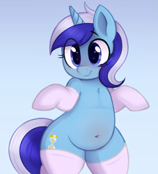 Size: 827x911 | Tagged: safe, artist:toroitimu, character:minuette, species:pony, species:unicorn, belly, belly button, bipedal, blushing, chubby, clothing, cute, female, gradient background, heart eyes, mare, minubetes, plump, smiling, socks, solo, stockings, thigh highs, wingding eyes