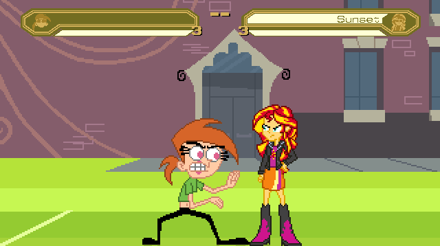 Size: 640x358 | Tagged: safe, artist:toonalexsora007, character:sunset shimmer, my little pony:equestria girls, animated, atomic wedgie, axe kick, blushing, canterlot high, clothing, crossover, cunt punt, embarrassed, gif, mugen, panties, soccer field, stomping, the fairly oddparents, underwear, vicky, wedgie, yellow underwear