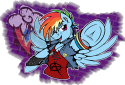 Size: 3868x2632 | Tagged: safe, artist:stormblaze-pegasus, character:rainbow dash, species:pegasus, species:pony, alternate hairstyle, clothing, ear piercing, female, jacket, mare, multicolored hair, piercing, punk, shirt, smiling, solo, underhoof