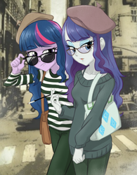 Size: 1000x1280 | Tagged: safe, artist:ta-na, character:rarity, character:twilight sparkle, my little pony:equestria girls, beatnik, beatnik rarity, beret, cigarette, cigarette holder, clothing, duo, france, hat, smoking, sunglasses, sweater