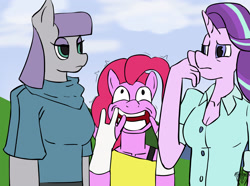 Size: 2687x2000 | Tagged: safe, artist:mopyr, character:maud pie, character:pinkie pie, character:starlight glimmer, species:anthro, episode:rock solid friendship, g4, my little pony: friendship is magic, clothing, faec, female, scene interpretation