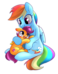 Size: 1400x1800 | Tagged: safe, artist:renokim, character:rainbow dash, character:scootaloo, species:pegasus, species:pony, cute, cutealoo, hug, open mouth, scootalove, simple background, white background