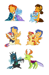 Size: 1627x2482 | Tagged: safe, artist:pikokko, character:cheese sandwich, character:flash sentry, character:moondancer, character:queen chrysalis, character:rainbow dash, character:sunburst, character:sunset shimmer, character:thorax, character:trixie, species:changeling, species:earth pony, species:pegasus, species:pony, species:reformed changeling, species:unicorn, ship:flashdancer, ship:flashimmer, ship:trixburst, blushing, cape, cheesedash, chrysarax, clothing, eyes closed, female, incest, lidded eyes, looking at each other, male, mare, raised hoof, shipping, shipping denied, simple background, sitting, smiling, stallion, straight, sunburst's robe, trixie's cape, waving, white background