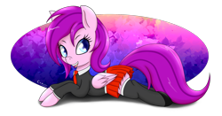 Size: 2200x1155 | Tagged: safe, artist:canister, oc, oc only, species:pegasus, species:pony, clothing, cute, female, mare, ocbetes, pleated skirt, prone, simple background, skirt, solo, stockings, thigh highs, transparent background