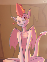Size: 829x1111 | Tagged: safe, artist:dmann892, character:fizzle, species:dragon, male, one eye closed, solo, tail, wink