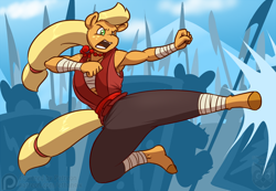 Size: 1000x693 | Tagged: safe, artist:ethanqix, character:applejack, species:anthro, species:earth pony, species:pony, species:unguligrade anthro, armpits, clothing, dungeons and dragons, female, fight, hatless, hoof feet, kicking, mare, martial arts, missing accessory, monk, muscles, solo, warrior monk