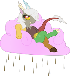 Size: 2765x3000 | Tagged: safe, artist:doctor-g, character:discord, oc:eris, species:draconequus, chocolate, chocolate milk, chocolate rain, cloud, cotton candy, cotton candy cloud, food, looking at you, milk, rain, reclining, rule 63, simple background, solo, transparent background, vector