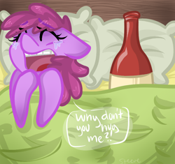 Size: 800x752 | Tagged: safe, artist:steeve, character:berry punch, character:berryshine, species:earth pony, species:pony, bed, bottle, crying, female, floppy ears, mare, on back, pillow