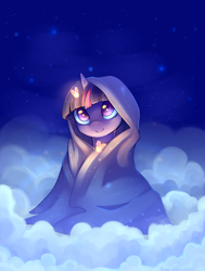 Size: 1558x2065 | Tagged: safe, artist:ghst-qn, artist:sokolas, character:twilight sparkle, species:pony, species:unicorn, blanket, cloud, cloudy, colored pupils, cute, dawwww, female, firefly, hnnng, night, night sky, precious, sky, smiling, solo, twiabetes