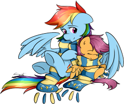 Size: 807x679 | Tagged: safe, artist:secret-pony, character:rainbow dash, character:scootaloo, species:pegasus, species:pony, clothing, scarf, scootalove, shared clothing, shared scarf, simple background, transparent background