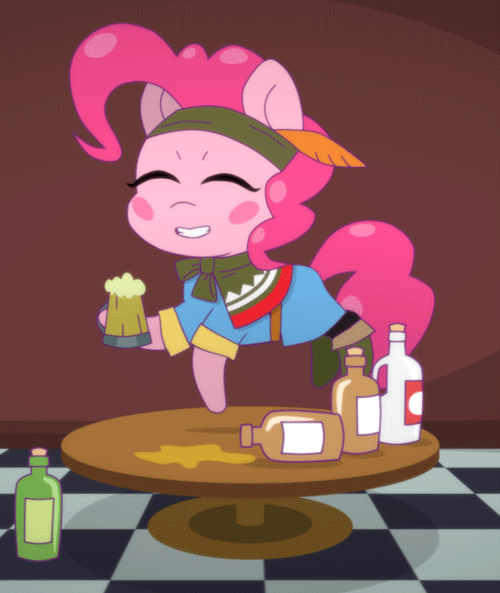 Size: 500x593 | Tagged: safe, artist:omegaozone, character:pinkie pie, species:earth pony, species:pony, animated, clothing, cute, dancing, diapinkes, drunk, drunkie pie, eyes closed, female, frame by frame, gif, loop, perfect loop, roleponies, solo, table, tavern