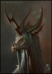 Size: 1024x1448 | Tagged: safe, artist:begasus, character:queen chrysalis, species:kelpie, bust, female, portrait, solo, tongue out