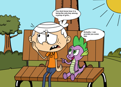 Size: 2179x1575 | Tagged: safe, artist:eagc7, character:spike, species:dragon, species:human, bench, bush, clothing, commission, crossover, dialogue, lincoln loud, male, nickelodeon, sun, the loud house, tree