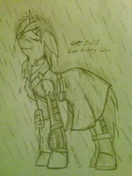 Size: 960x1280 | Tagged: safe, artist:derpanater, oc, oc only, oc:littlepip, species:pony, species:unicorn, fallout equestria, armor, clothing, coat, dripping, eyes closed, fanfic, fanfic art, female, floppy ears, hooves, horn, mare, pipbuck, rain, simple background, smiling, solo, standing in the rain, traditional art, vault suit, white background