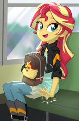 Size: 500x760 | Tagged: safe, artist:ta-na, character:sunset shimmer, species:human, my little pony:equestria girls, backpack, bronybait, bus, clothing, cute, female, jacket, leather jacket, looking at you, open mouth, school bus, schoolbag, seat, shimmerbetes, sitting, solo