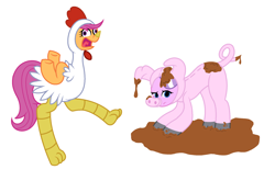 Size: 2136x1496 | Tagged: safe, artist:midnightamber, character:diamond tiara, character:scootaloo, species:pegasus, species:pony, animal costume, chicken dance, chicken suit, clothing, costume, cute, cutealoo, derp, diamondbetes, mud, pig costume, scootachicken, silly, silly pony, simple background, white background