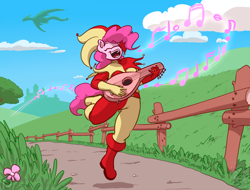 Size: 1200x910 | Tagged: safe, artist:ethanqix, character:pinkie pie, species:anthro, species:dragon, species:earth pony, species:pony, bard, bard pie, clothing, fantasy class, female, fence, flower, grass, mare, scenery, singing, smiling