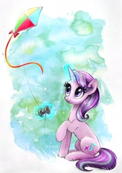 Size: 1500x2122 | Tagged: safe, artist:scheadar, character:starlight glimmer, species:pony, species:unicorn, episode:rock solid friendship, g4, my little pony: friendship is magic, female, glowing horn, kite, kite flying, magic, mare, raised hoof, sitting, solo, that pony sure does love kites, watercolor painting