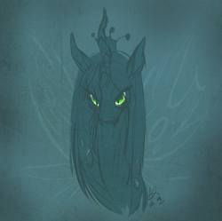 Size: 869x864 | Tagged: dead source, safe, artist:clovercoin, character:queen chrysalis, species:changeling, bust, changeling queen, fangs, female, kitchen eyes, limited palette, looking at you, selective color, sketch, smiling, solo
