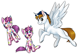 Size: 1480x1036 | Tagged: safe, artist:doekitty, oc, oc only, species:pegasus, species:pony, species:unicorn, clothing, commission, eyes closed, hat, looking at you, male, polka dots, simple background, stallion, tongue out, transparent background, trio