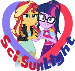 Size: 2853x2689 | Tagged: safe, artist:namygaga, character:sunset shimmer, character:twilight sparkle, character:twilight sparkle (scitwi), species:eqg human, ship:scitwishimmer, ship:sunsetsparkle, my little pony:equestria girls, bow tie, clothing, cute, cutie mark, female, glasses, heart, heart hands, jacket, leather jacket, lesbian, looking at you, shipping, simple background, skirt, transparent background