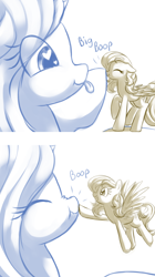 Size: 1280x2293 | Tagged: safe, artist:acersiii, oc, oc only, oc:crescendo, oc:solar tide, species:pony, :t, blep, boop, cute, dawwww, duo, eyes closed, female, flying, giant pony, grin, heart eyes, limited palette, macro, mare, nose wrinkle, scrunchy face, simple background, size difference, smiling, spread wings, tongue out, white background, wingding eyes, wings