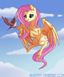 Size: 1024x1238 | Tagged: safe, artist:hikariviny, character:fluttershy, species:bird, species:pegasus, species:pony, chest fluff, cloud, female, flying, mare, sky, smiling, solo