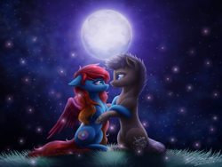 Size: 1024x768 | Tagged: safe, artist:novaintellus, oc, oc only, oc:andromeda, oc:moon cake, species:earth pony, species:pegasus, species:pony, female, full moon, looking at each other, male, mare, moon, night, night sky, oc x oc, shipping, sitting, smiling, stallion, starry night, stars, straight