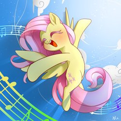 Size: 1500x1500 | Tagged: safe, artist:renokim, character:fluttershy, species:pegasus, species:pony, episode:filli vanilli, g4, my little pony: friendship is magic, blushing, cloud, colored eyelashes, cute, enjoying, eyes closed, female, flying, happy, music in the treetops, music notes, open mouth, shyabetes, singing, smiling, solo, spread wings, wings