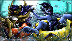Size: 3540x2040 | Tagged: safe, artist:stormblaze-pegasus, oc, oc only, species:anthro, armpits, belly button, clothing, commission, eyepatch, eyes closed, happy, open mouth, underhoof, water, water slide