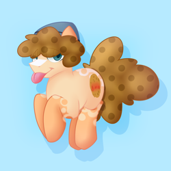 Size: 1026x1026 | Tagged: safe, artist:timidwithapen, oc, oc only, oc:timid cookie, ponysona, species:pony, beanie, blue background, clothing, cute, hat, male, simple background, solo, stallion, tongue out