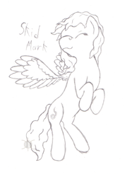 Size: 788x1112 | Tagged: safe, artist:parallel black, oc, oc only, oc:skid mark, species:pegasus, species:pony, eyes closed, flying, monochrome, pencil drawing, simple background, sketch, solo, traditional art, white background